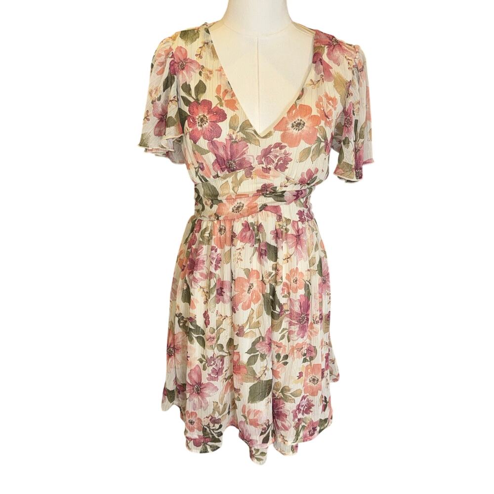 Just Found Floral Mini Dress M Pink Boho V Neck Flutter Sleeve Smocked Waist